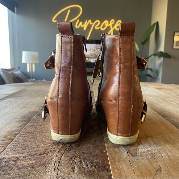 Cognac Vegan Leather Brown High Heel Sneakers - Picture 4 of 6